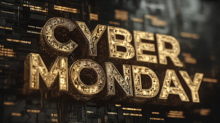 distorted title CYBERMONDAY with pixel glitches and floating code on a dark screen. Generative AI.の素材