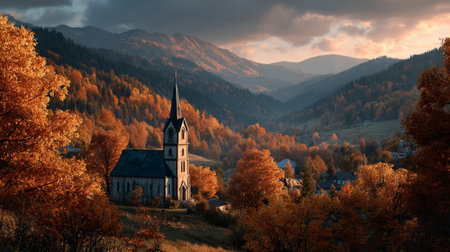 Golden autumn landscape with a softly illuminated church silhouette. Generative AIの素材