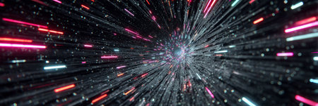 Glitchy futuristic tunnel made of data particles and neon light trails. Generative AIの素材