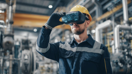 Engineer using augmented reality goggles to troubleshoot factory equipment. Generative AIの素材