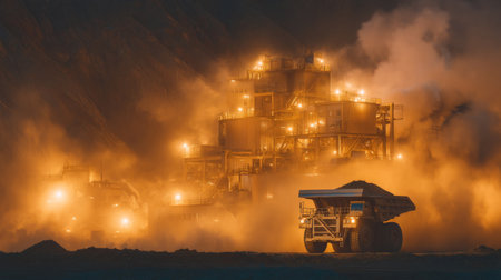 Gigantic mining dump truck driving through rugged terrain at sunset, surrounded by swirling dust clouds. Generative AIの素材