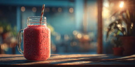 Healthy Fruit Smoothies in Sunlit Kitchen. Generative AIの素材