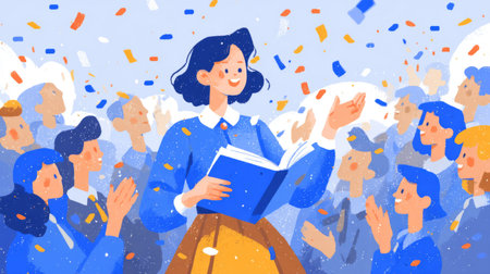 smiling teacher greeting students on Knowledge Day with an open book and confetti. Generative AIの素材