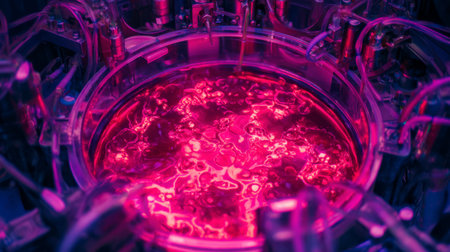 Glowing red-pink tissue forming in a robotic bioreactor, surrounded by sensors and tubes. Generative AIの素材