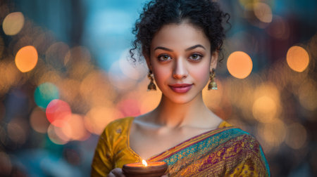 woman in colorful saree holding a glowing diya with bokeh lights and hanging decorations behind. Generative AIの素材