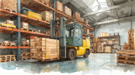 Forklift moving lumber in a spacious warehouse. Generative AIの素材