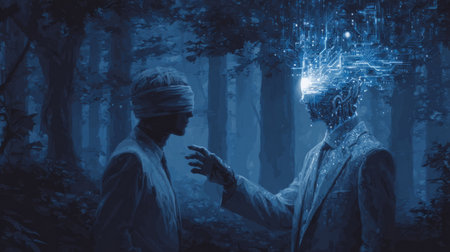 AI avatar guiding a blindfolded human through digital forest of knowledge and data paths. Generative AIの素材