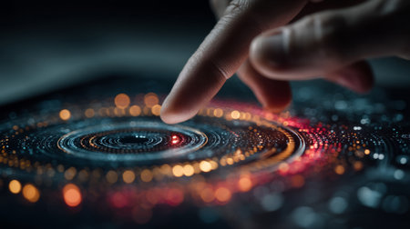 Hand interacting with glowing circular data UI. Generative AIの素材