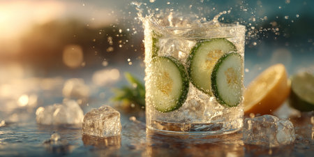 Ice cubes splashing into a glass of cucumber-infused water. Generative AIの素材