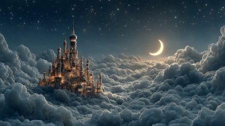 Floating kingdom hidden in moonlit clouds sparkling with stars. Generative AIの素材