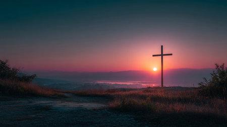 glowing cross over a sunrise horizon, symbolic of divine morning greeting. Generative AIの素材