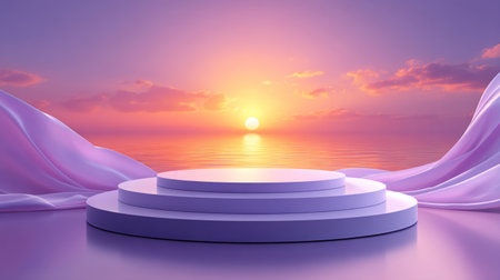 Minimalist Sunset Podium Scene With Draped Fabric. Generative AIの素材