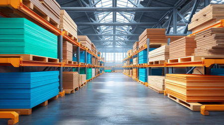 warehouse with pine boards, plywood, and MDF panels in wooden racks. Generative AIの素材