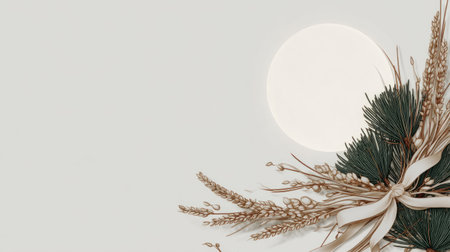 symbolic Chuseok elements: full moon, rice stalks, pine needles, and hanbok ribbon. Generative AIの素材