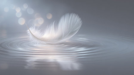 single dove feather resting on a quiet water surface with faint ripples. Generative AIの素材