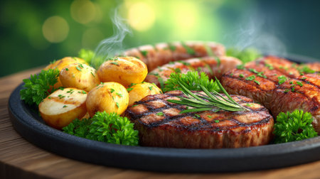 Grilled Meat Platter with Sausages and Potatoes. Generative AIの素材