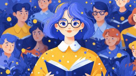 smiling teacher greeting students on Knowledge Day with an open book and confetti. Generative AIの素材