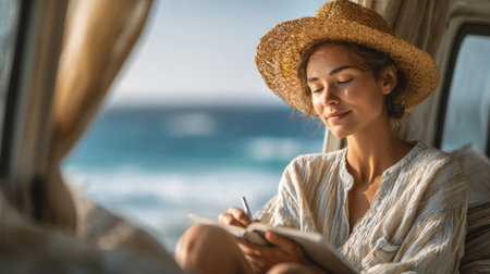 young woman in straw hat organizing client travel plans from camper van. Generative AIの素材