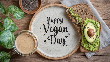 vibrant vegan meal with avocado toast, smoothie bowl, and Happy Vegan Day. Generative AIの素材