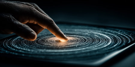 Hand interacting with glowing circular data UI. Generative AIの素材