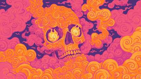 orange and pink cloud swirls forming skull silhouette with candle flames as eyes. Generative AIの素材