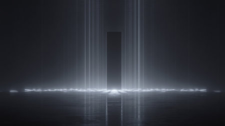 monolithic black pillar emitting thin beams of light in perfect symmetry. Generative AIの素材