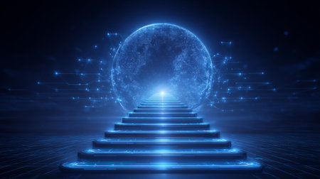 conceptual startup launch theme, glowing steps ascending floating light orb, surrounded by tech grids. Generative AIの素材