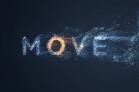Minimalistic letters MOVE, illuminated with soft energetic particles. Generative AIの素材