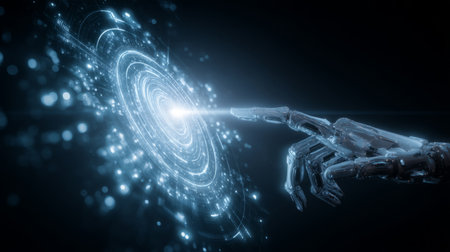metallic robotic hand activating a glowing network hub with holographic production data streaming from fingers. Generative AIの素材