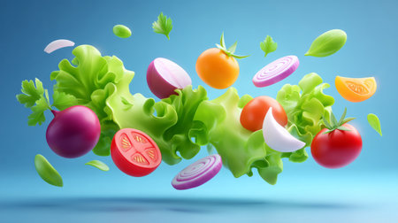 Bright and colorful salad ingredients like lettuce, tomato, cucumber, onion, and herbs float in mid-air. Generative AIの素材