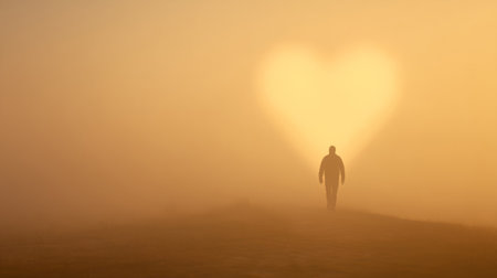 man goes to the shining heart, walking through the fog to the sunrise. Generative AIの素材