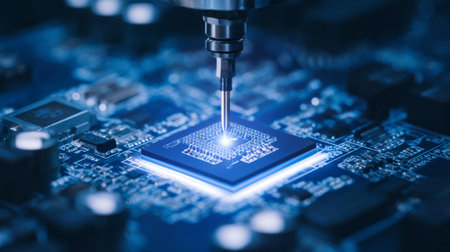 precision electronic board assembly by micro-soldering robot arm. Generative AIの素材