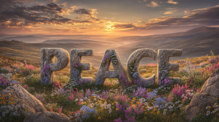 meadow with giant carved word PEACE made of stone and flowers. Generative AIの素材