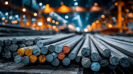 Nighttime view inside a resource warehouse with glowing lamps highlighting stacks of iron rods and rebar. Generative AIの素材
