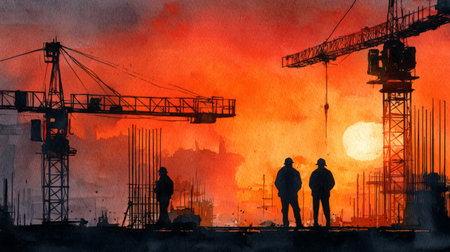 Silhouettes of construction workers against a glowing sunrise, cranes and scaffolding in the background, inspirational tone. Generative AIの素材