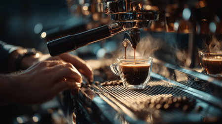 Professional barista hands prepping and pulling a perfect espresso shot.Generative AIの素材