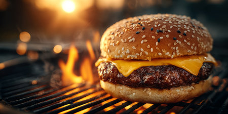 Juicy burger sizzling on grill under bright summer sunlight. Generative AIの素材