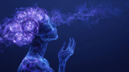 dark blue background, silhouette of a man with swirling glowing thought balls. Generative AIの素材