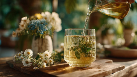Pouring herbal tonic into a clear tumbler in a bright home interior. Generative AIの素材