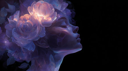 glowing inner light, abstract human head with blooming flowers symbolizing healing. Generative AIの素材