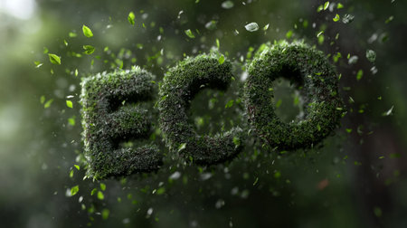 letters ECO enveloped by softly floating green leaves particles. Generative AIの素材