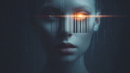 barcode replacing human face with glowing eye staring from digital void, questioning identity in tech era. Generative AIの素材
