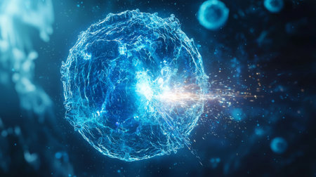 Luminous blue vaccine orb launching beams of energy that dissolve abstract microbe structures. Generative AIの素材