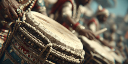 Traditional drummers (Chenda Melam) playing in sync during Onam parade. Generative AIの素材