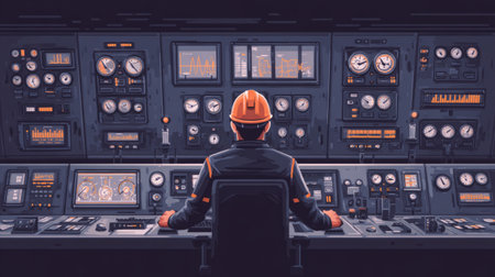 Worker monitoring pressure gauges and digital displays in a control room. Generative AIの素材