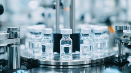 Pharmaceutical plant equipment, full bottles of liquid medicines. Generative AIの素材