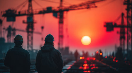 Silhouettes of construction workers against a glowing sunrise, cranes and scaffolding in the background, inspirational tone. Generative AIの素材