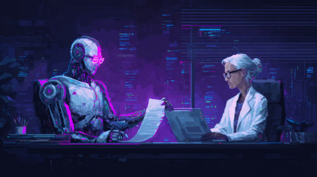 AI-powered robot assistant helping a human engineer with mechanical blueprint on desk. Generative AIの素材