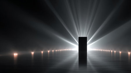 monolithic black pillar emitting thin beams of light in perfect symmetry. Generative AIの素材