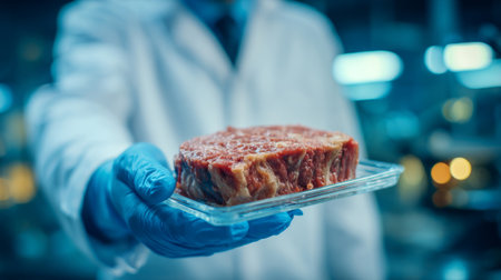 scientist in a white coat inspecting a slice of lab-grown meat on a glass tray, modern laboratory background. Generative AIの素材